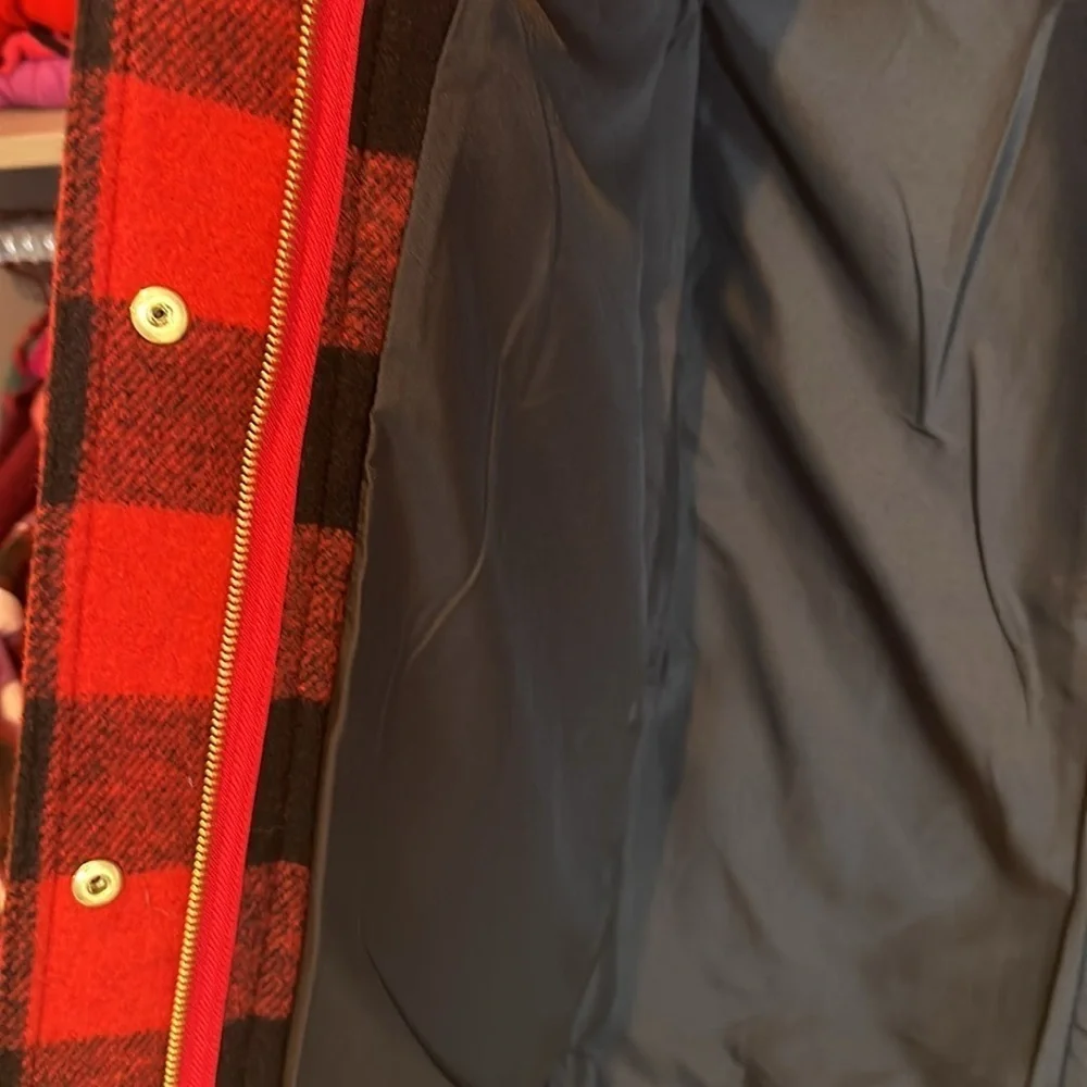 J Crew red and black gingham faux fur hooded 50% wool coat size 2 NWT